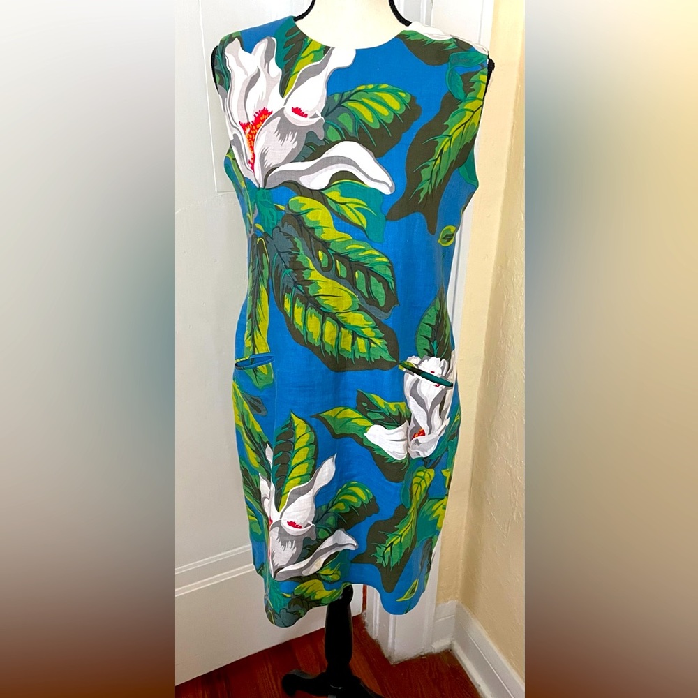 Linen/Silk Dress Ocean Blue Tropical with Pockets and Zipper in Back Size M - Picture 1 of 9